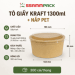 Tô Giấy Kraft Salad Nâu 1.300ml Kèm Nắp PET – Đựng Salad, Thức Ăn Mang Đi