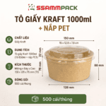 Tô Giấy Kraft Salad Nâu 1.000ml Kèm Nắp PET – Đựng Salad, Thức Ăn Mang Đi