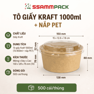 Tô Giấy Kraft Salad Nâu 1.000ml Kèm Nắp PET – Đựng Salad, Thức Ăn Mang Đi