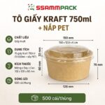 Tô Giấy Kraft Salad Nâu 750ml Kèm Nắp PET – Đựng Salad, Thức Ăn Mang Đi
